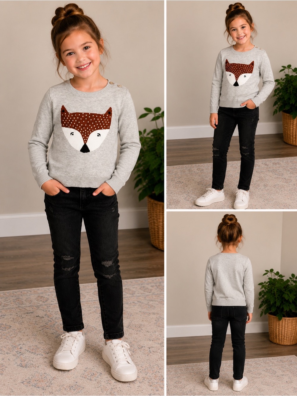 Girls' Cream & Brown Fox Knit Sweater - Kids Matching Set